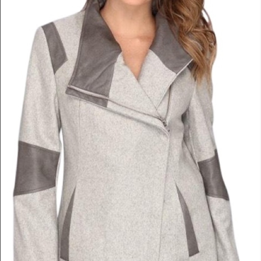 Calvin Klein Grey wool coat with leather details